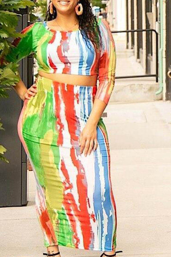 

Lovely Plus Size Casual Print Multicolor Two-piece Skirt Set, Multi