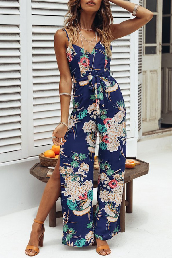 

Lovely Chic Print Loose Deep Blue One-piece Jumpsuit