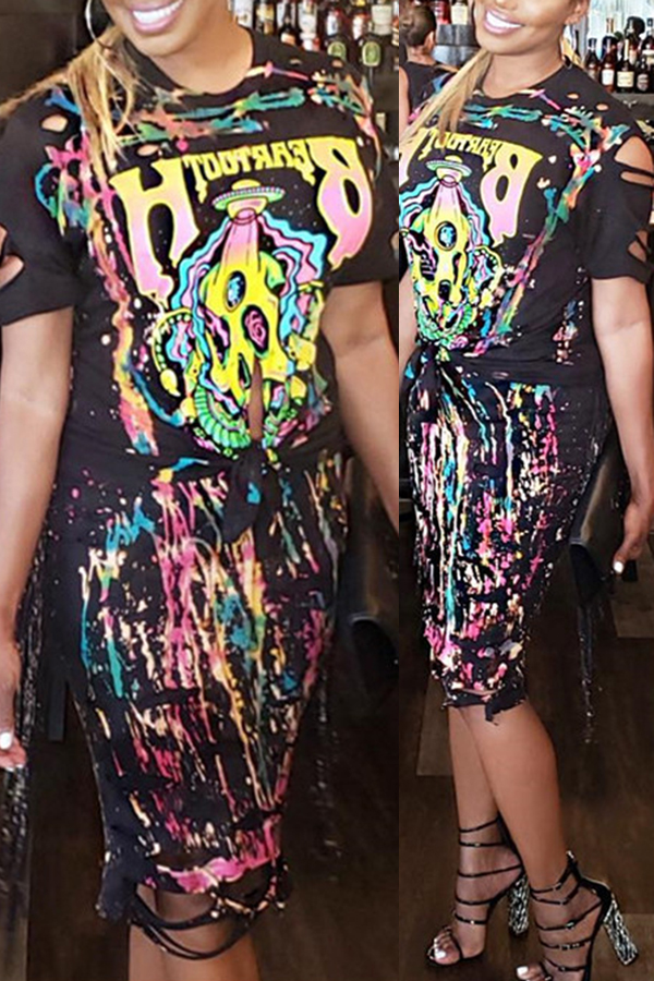 

Lovely Chic Print Black Two-piece Skirt Set