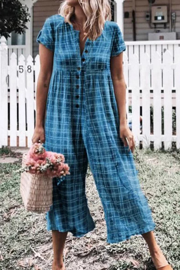 

Lovely Leisure Plaid Print Blue One-piece Jumpsuit