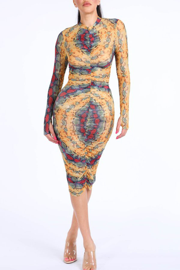 

Lovely Chic Print Skinny Yellow Knee Length Dress