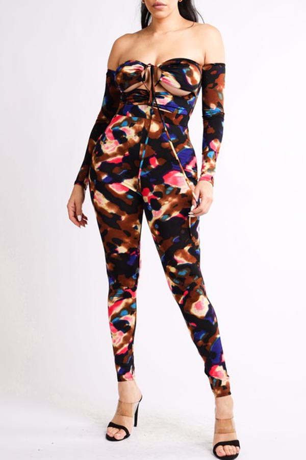 

Lovely Bohemian Dew Shoulder Print Brown One-piece Jumpsuit