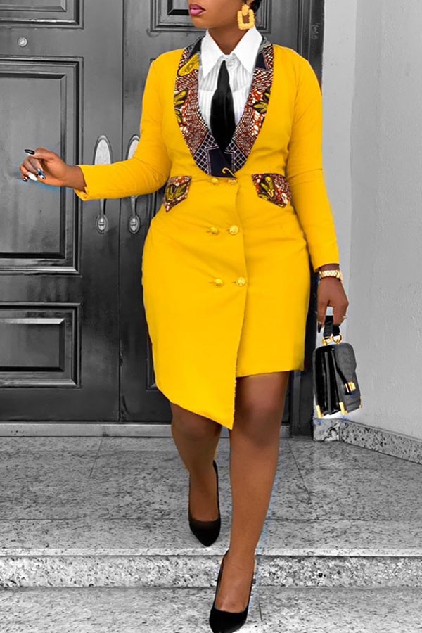 

Lovely Work Patchwork Yellow Knee Length Dress