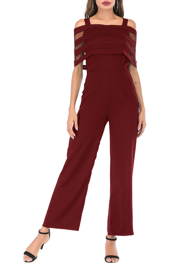 

Lovely Casual Dew Shoulder Loose Wine Red One-piece Jumpsuit