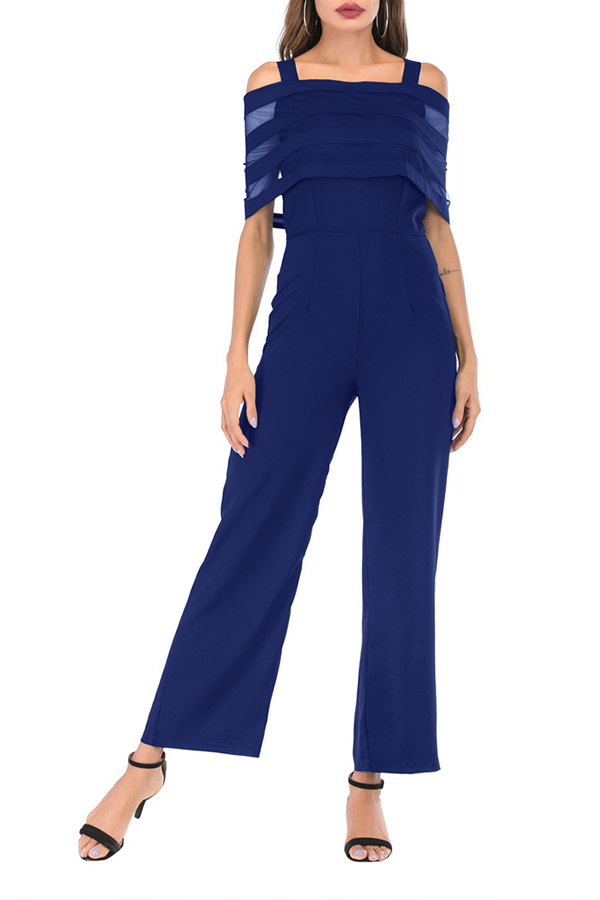 

Lovely Casual Dew Shoulder Loose Blue One-piece Jumpsuit