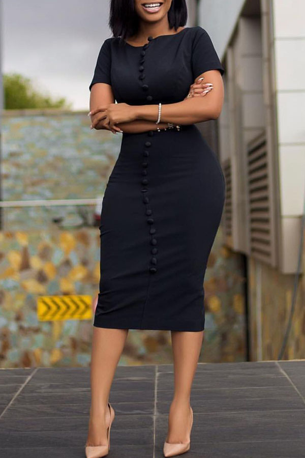 

Lovely Work Basic Button Black Knee Length Dress