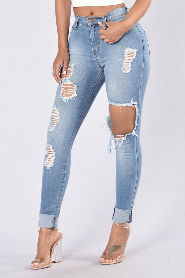Lovely Trendy Hollow-out Baby Blue Jeans_Jeans_Bottoms_LovelyWholesale ...