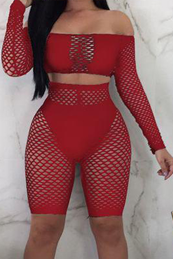 

Lovely Sexy Hollow-out Red Two-piece Shorts Set
