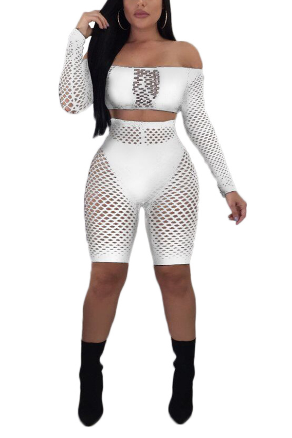 

Lovely Sexy Hollow-out White Two-piece Shorts Set