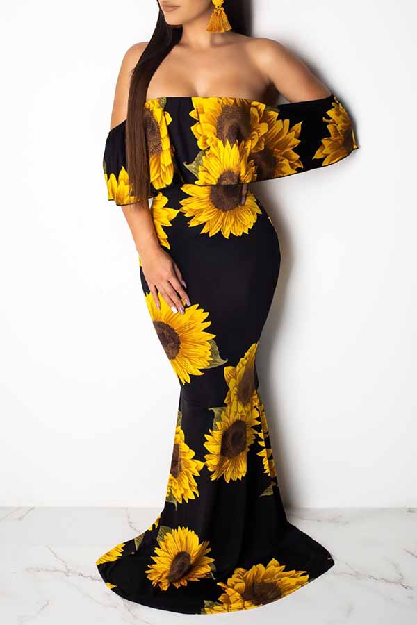 

Lovely Sweet Dew Shoulder Print Yellow Maxi Dress