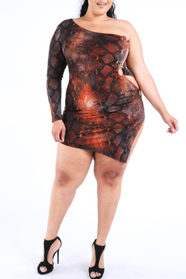 

Lovely Casual Print Brown Mini Plus Size Dress