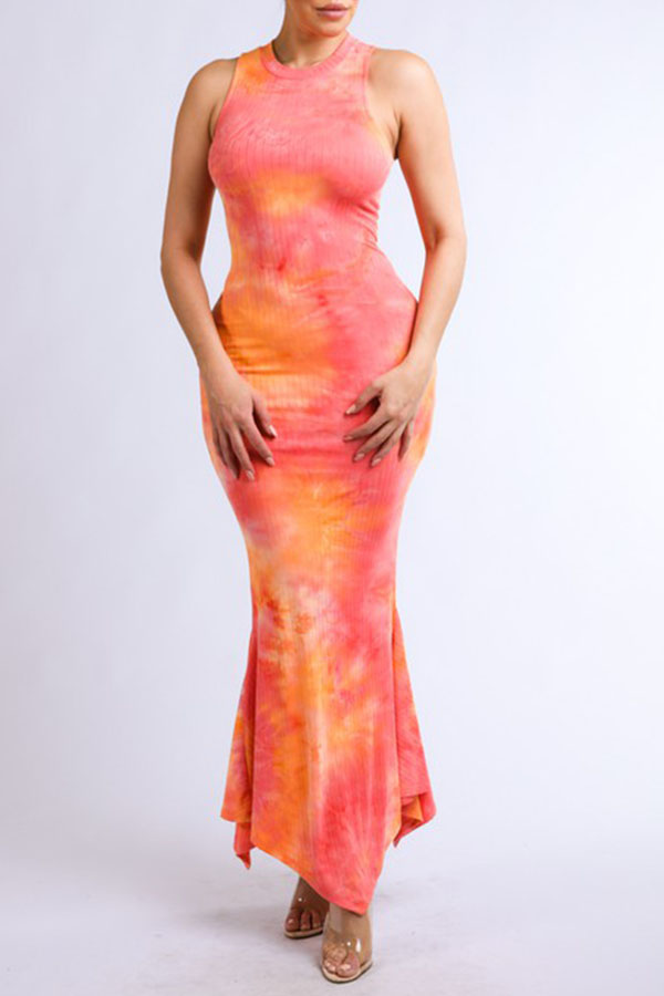 

Lovely Bohemian Gradual Change Print Orange Ankle Length Dress