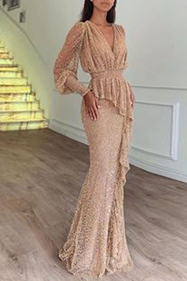 

Lovely Party V Neck Flounce Apricot Evening Dress