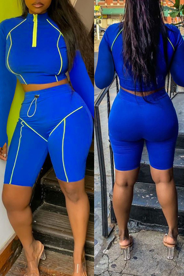 

Lovely Casual Basic Blue Two-piece Shorts Set