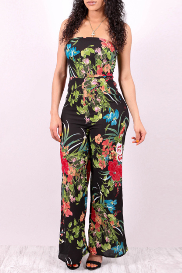 

Lovely Leisure Dew Shoulder Print Black One-piece Jumpsuit