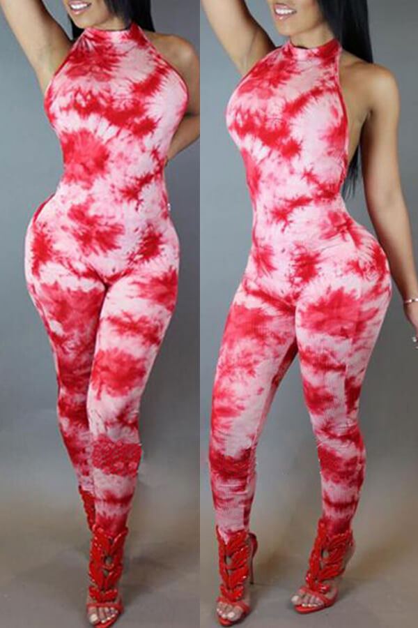 Lovely Leisure Print Skinny Red One-piece Jumpsuit
