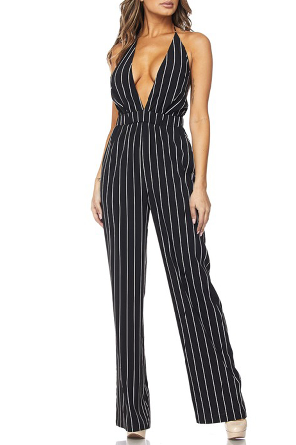 

Lovely Bohemian Striped Black One-piece Jumpsuit, Black stripe