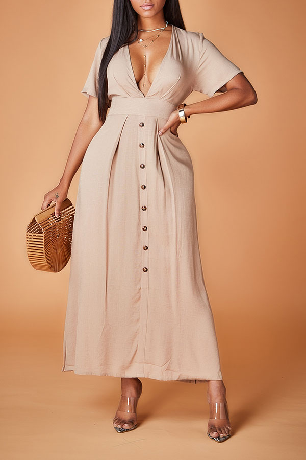 

Lovely Chic V Neck Button Khaki Ankle Length Dress