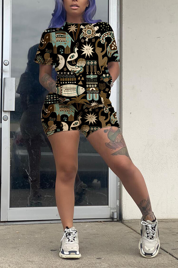 

LW Casual Print Black Two-piece Shorts Set