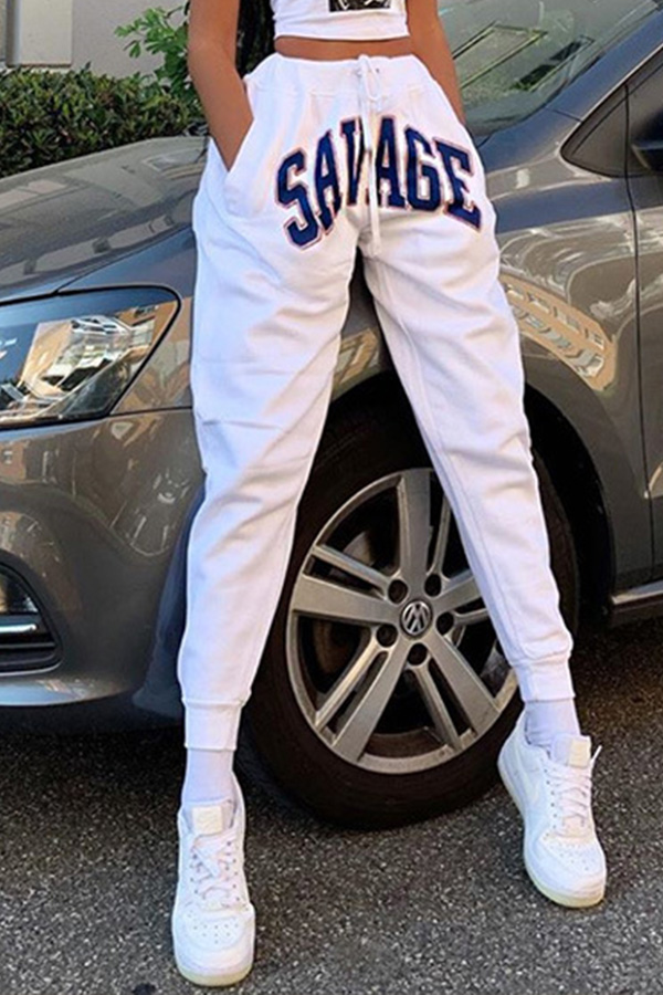 

Lovely Casual Letter Print White Pants