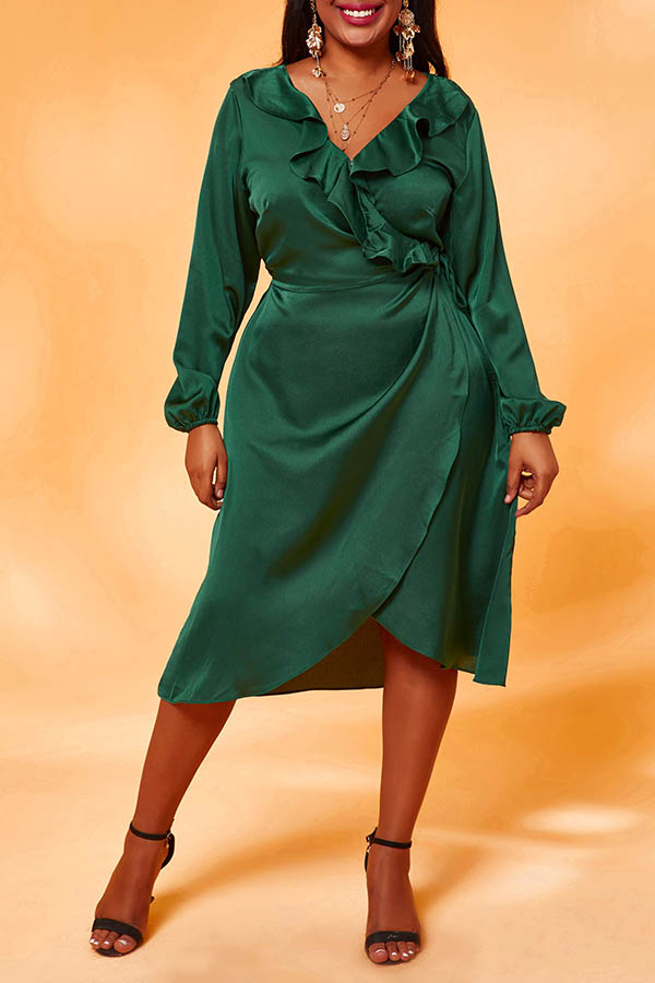 

Lovely Chic Flounce Design Army Green Knee Length Plus Size Dress