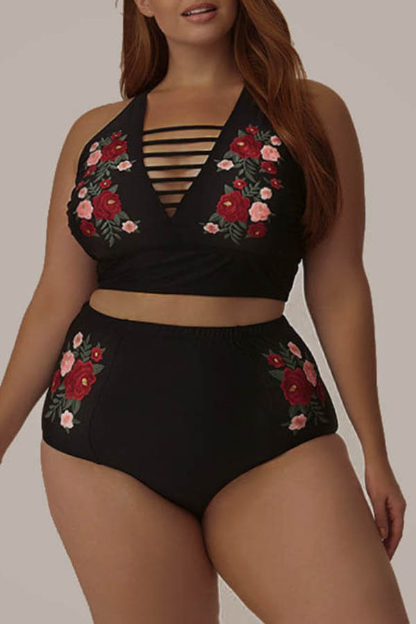 

LW Plus Size Floral Print Cross Strap Bikini Set, Black