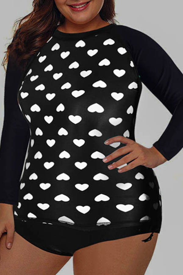 

Lovely Heart Print Black Plus Size One-piece Swimsuit