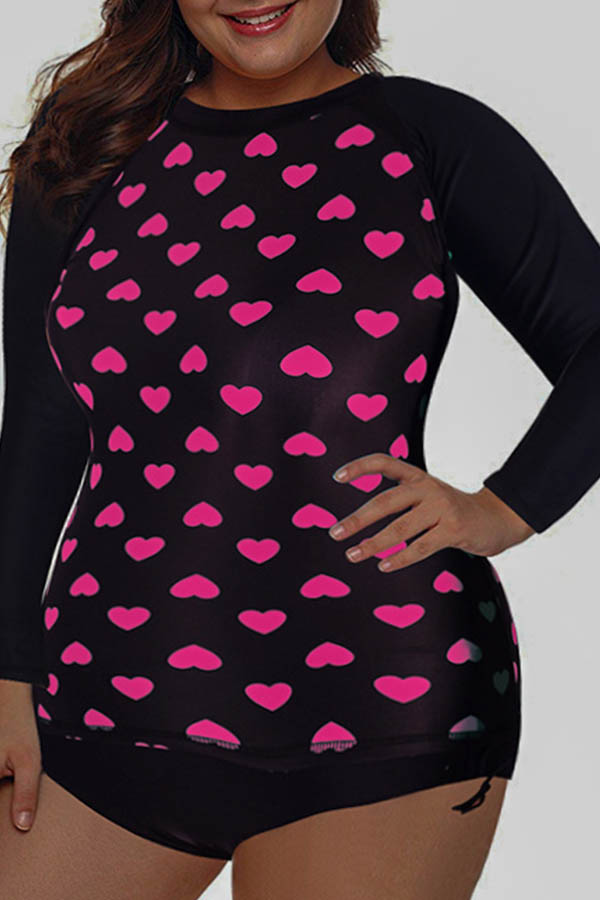 

Lovely Heart Print Red Plus Size One-piece Swimsuit