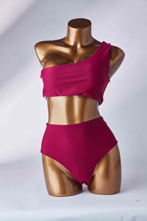 

Lovely One Shoulder Wine Red Two-piece Swimsuit