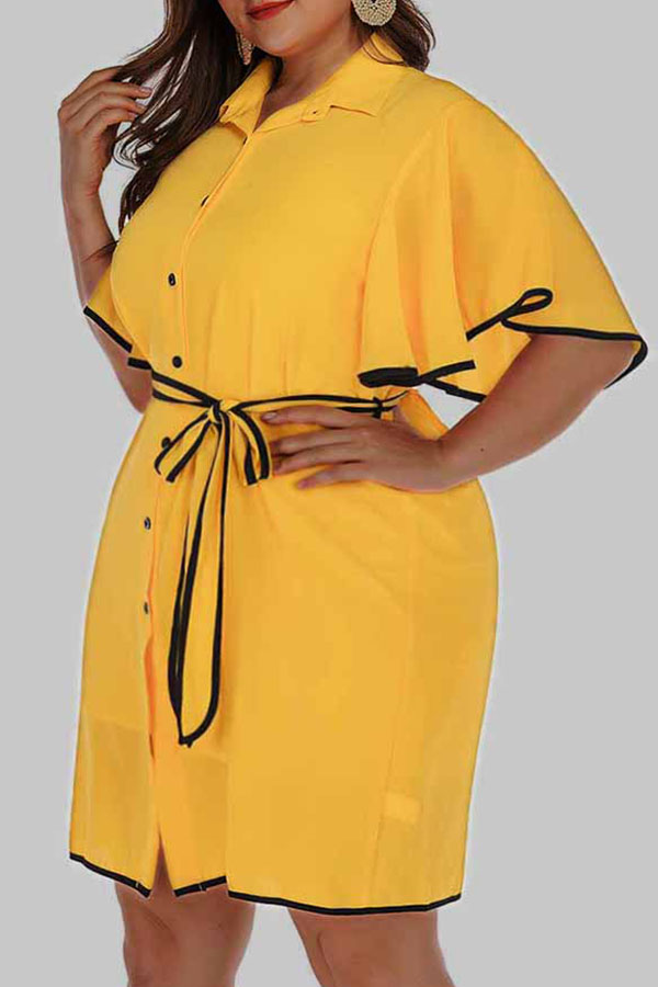 

Lovely Casual Turndown Collar Flounce Yellow Knee Length Plus Size Dress