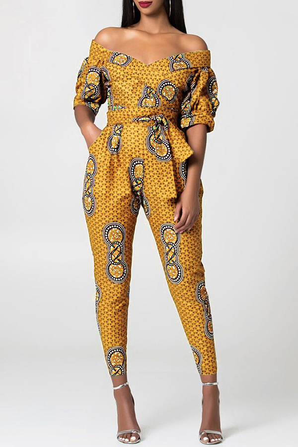 

Lovely Trendy V Neck Print Yellow One-piece Jumpsuit