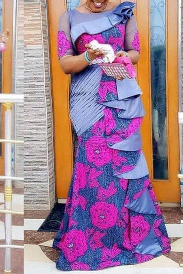 

Lovely Trendy Print Flounce Rose Red Maxi Dress