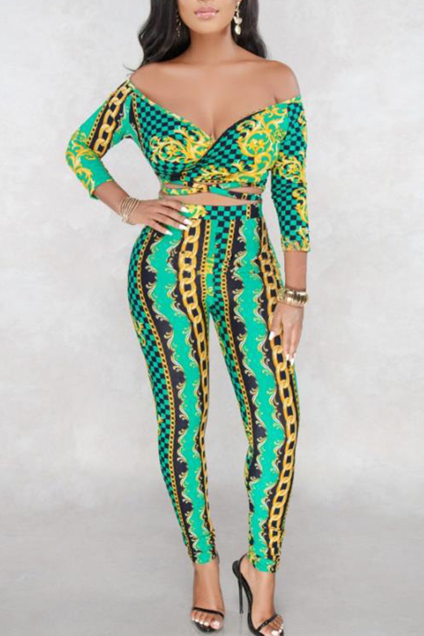 

Lovely Chic V Neck Print Green Two-piece Pants Set