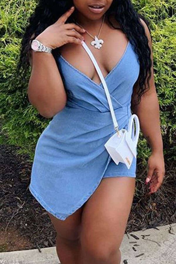 

Lovely Casual V Neck Blue One-piece Romper