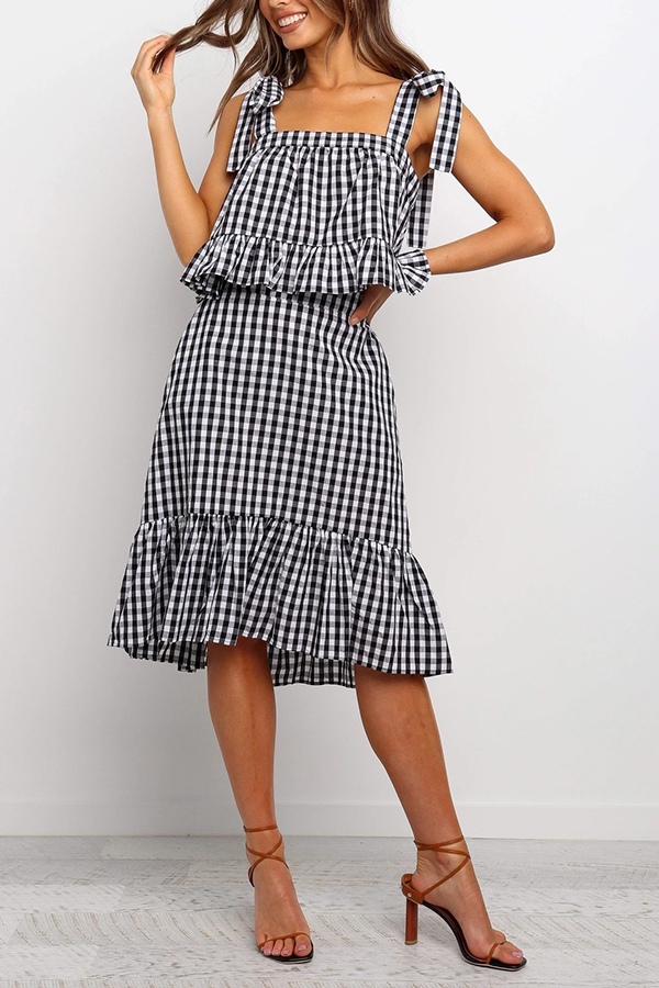 

Lovely Trendy Plaid Print Black And White Two-piece Skirt Set, Black & white tartan