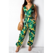 Lovely Chic Print Hollow-out Green One-piece Jumps
