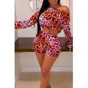 Lovely Leisure Leopard Print Rose Red Two-piece Sh