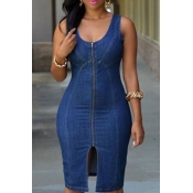 LW Stylish Zipper Design Blue Knee Length Dress
