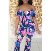Lovely Trendy Print Blue One-piece Jumpsuit