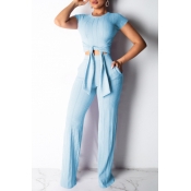 Lovely Chic Knot Blue Two-piece Pants Set