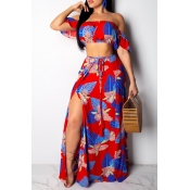 LW Casual Floral Print Red Two-piece Skirt Set
