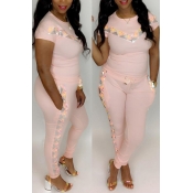 Lovely Casual Patchwork Pink Two-piece Pants Set