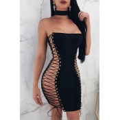 Lovely Sexy Sleeveless Hollow-out Black Mini Dress