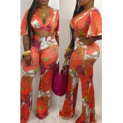Lovely Trendy Crop Top Print Red Two-piece Pants S
