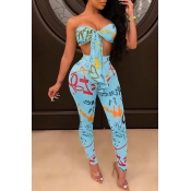 Lovely Trendy Crop Top Print Blue Two-piece Pants 