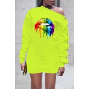 Lovely Casual Lip Print Green Mini Dress
