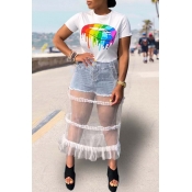 Lovely Casual Print See-through White Blouse