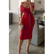 Lovely Chic Fold Design Red Knee Length Dress