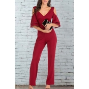 Lovely Chic V Neck Dew Shoulder Red One-piece Jump