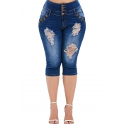 Lovely Casual Buttons Design Blue Plus Size Jeans